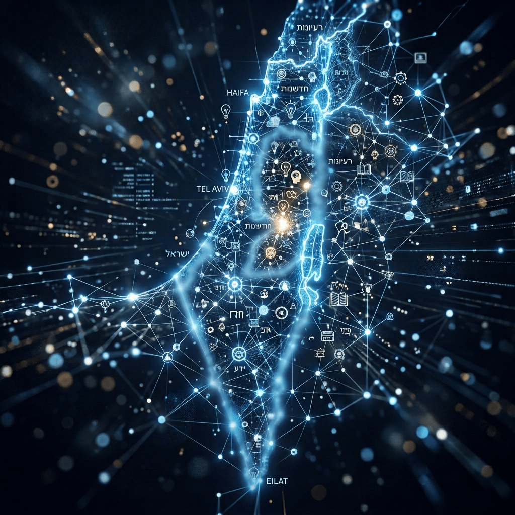 Digital map of Israel showing interconnected nodes with major cities like Tel Aviv, Haifa, and Eilat labeled
